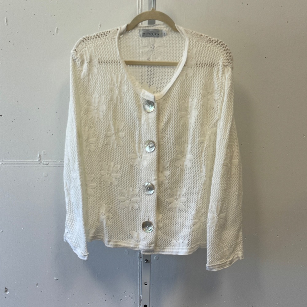 Willow Cotton Pointelle Knit Cardigan Floral Open Weave Button Front Large White
